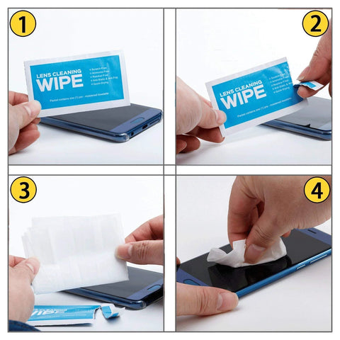 Blue-labeled lens cleaning wipe packet used to clean a smartphone screen; pre-moistened, quick-drying.