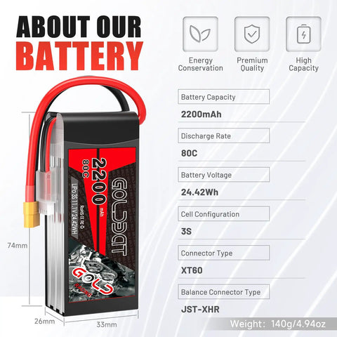 3S 11.1V LiPo Battery 2200mAh 80C XT60 Connector Twin Pack with red cables and product details displayed