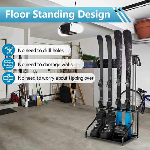 Rock Solid Freestanding Ski Storage Rack For Garage designed with zero hassle to store your snowboards and boots in a garage.