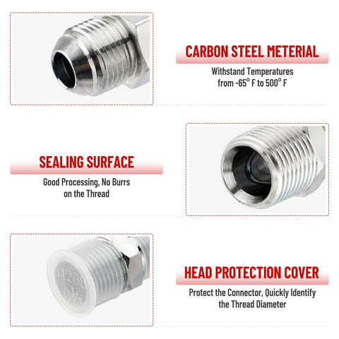 Ten Pack Hydraulic Hose Adapter Fittings Half Inch JIC Thirty Seven Degree Male To Half Inch NPT Male Straight Tube Connectors With Protective Cover Beefy Build Leak Proof Construction showing carbon steel material and sealing surface