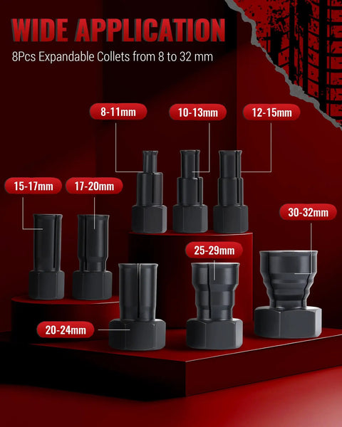 Beefy Pro Grade Blind Hole Bearing Puller Set With Slide Hammer And Expandable Collets 8-32mm, various collet sizes displayed