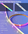 RGBIC LED Strip Lights 16.4ft Smart Color Strip With HomeKit Alexa Google WiFi Control, shows PU and bare strip under water drops