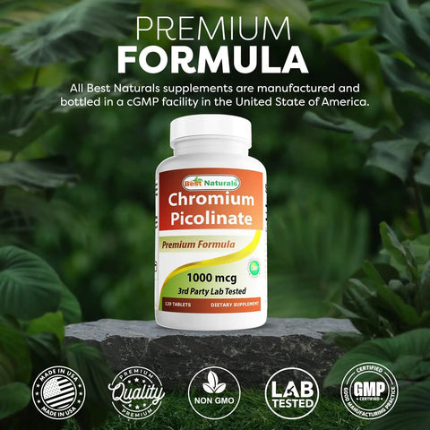 Straight Up Premium Chromium Picolinate 1000 Mcg Tablets in a bottle on a stone surface, 120 count, non GMO, lab tested.