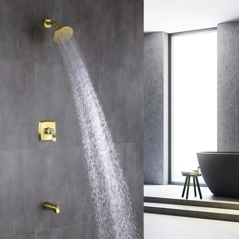 Brushed Gold Shower Trim Kit With Valve Tub And Shower Faucet Set, 5 Spray Shower Head in modern bathroom