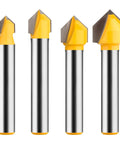 90 Degree V Groove Router Bit Set With One Quarter Inch Shank For DIYers And CNC Engraving Includes Four Cut Diameters One Quarter Inch Five Sixteenths Inch Three Eighths Inch And One Half Inch, showing four metal bits with yellow tips.