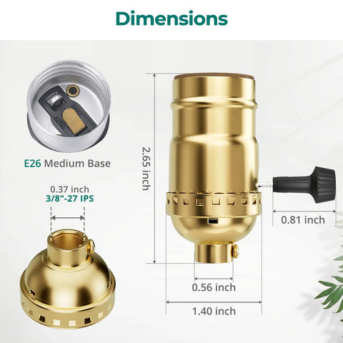 Dimensions of UL Listed 3-Way Lamp Socket Replacement With E26 Base, Turn Switch Knob For Low Medium High Settings, Old-School Gold Finish