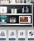Heavy Duty Stainless Steel Shelving Unit Badass Three Shelf Storage Rack For Kitchen Garage And Commercial Office with pots and appliances.