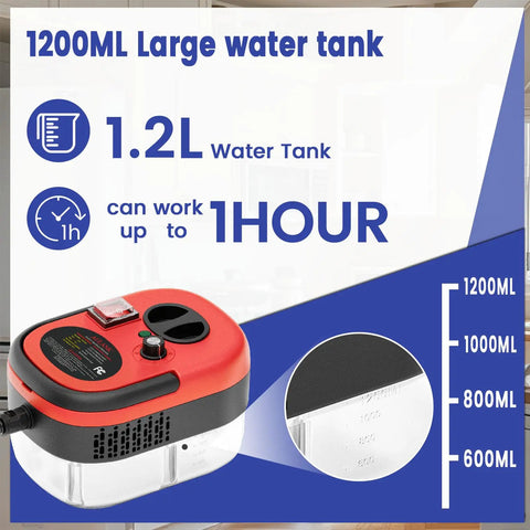 Heavy Duty Handheld Steam Cleaner With 14 Piece Accessory Kit And Six Speed Options showing 1.2L water tank capacity and usage time.