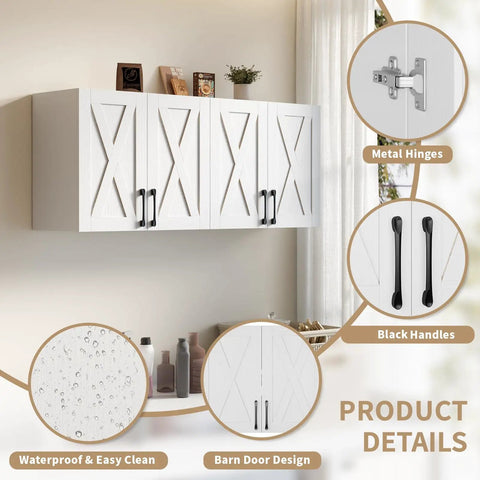 Works Like A Charm Farmhouse Wall Cabinet With Four Soft Close Barn Doors And Three Adjustable Shelves Solid Choice For Laundry Organization Or Bath Storage In Clean White Wood Grain, featuring metal hinges and black handles.