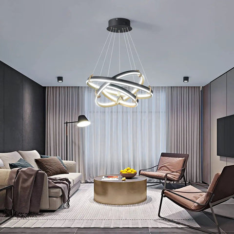 Dope Modern LED Chandelier Pendant Light For Kitchen Island Dining Living Room Bedroom Foyer, 90W Dimmable Black 3-Ring Hanging Fixture
