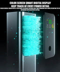 Color screen digital display of Built Tough 21700 Battery Vault, showcasing power details and aesthetic design features.