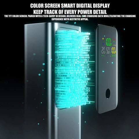 Color screen digital display of Built Tough 21700 Battery Vault, showcasing power details and aesthetic design features.