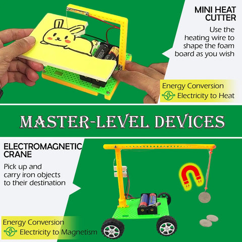 Cool Hands On Electric Science Kit For Kids With 12 Power Missions showing mini heat cutter and electromagnetic crane.