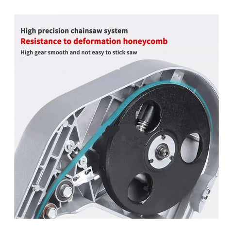 Close-up of the high precision chainsaw system in the handheld portable band saw station powered by a beefy 250W motor.
