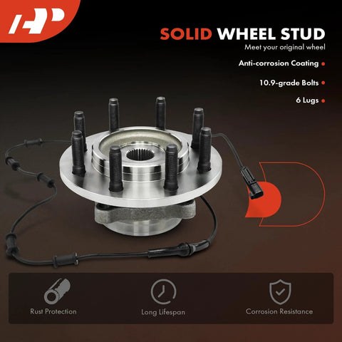 Front Wheel Bearing And Hub Assembly With ABS For Dodge Ram 1500 2006 2007 2008 4WD Eight Lug Compatible With Ram 2500 2006 2007 2008 And Ram 3500 2006 2007 2008 featuring anti-corrosion coating, bolts, and 6 lugs