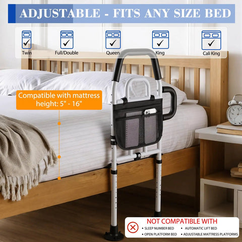 Easy Access Bed Rail For Seniors With No Slip Ergonomic Handle And Storage Pocket, fits king queen full twin beds