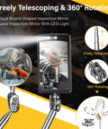 Ultimate Magnetic Pickup Tool Set With 15lb And 1lb Pickup Rods showing round and square 360 swivel inspection mirrors in use.