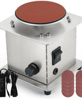 Heavy Hitter Mini Disc Sander Delivering Smooth Four Inch Sanding With Stepless Throttle Control Spanning Zero To Six Thousand Rpm Plus Quick Forward Reverse Toggle Built For Rock Solid Diy Wood Smoothing Metal Deburring And Rapid Craft Refinishing, featuring an aluminum sanding pad and accessories.