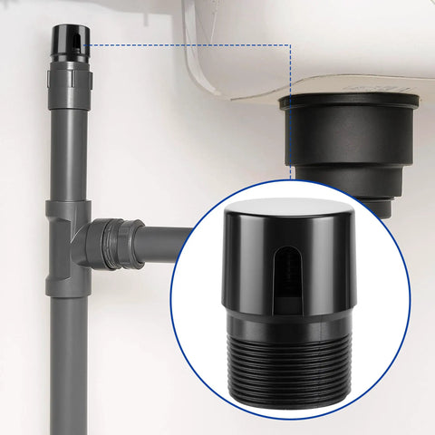 Four Pack 1-1/2 Inch Npt Threaded Abs In Line Valve Vents Rv Camper Kick Out Bad Sewer Gas Odors Spring Loaded Exhaust Plumbing Accessory Set showing a close-up of a black ABS air admittance valve.