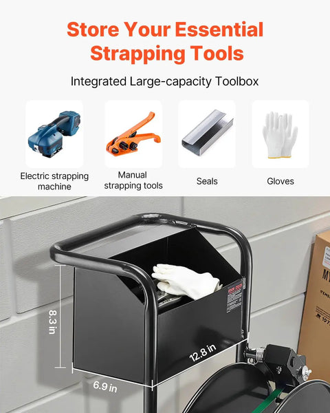 Road Ready Banding Strapping Cart For Pet And Polypropylene Coils Handles Eight Or Sixteen Inch Cores Smooth Rolling Strap Dispenser with toolbox for strapping tools.