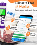 Pro Grade Digital Food PH Meter For Home Canning And Fermentation Great For Sourdough Bread Cheese Sauces Water Brewing Meat Sausages Pickles Sushi Rice Accurate PH Tester For Safe Acid Levels And Everyday Food Prep displayed next to smartphone app showing data monitoring features.