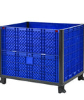 Heavy Duty Collapsible Bulk Container With Easy Access Doors Rock Solid HDPE Storage Tote Built Tough Stackable 600 Pounds Capacity Blue Industrial Workhorse Bin For Garage Or Job Site, angled view showcasing sturdy construction.