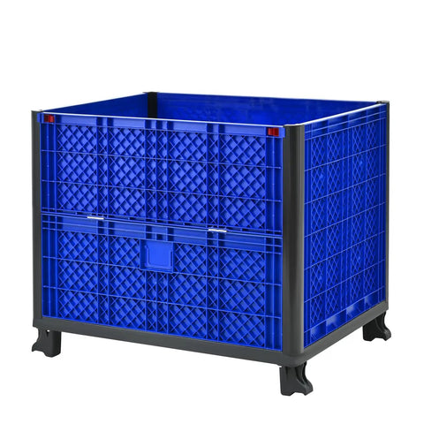 Heavy Duty Collapsible Bulk Container With Easy Access Doors Rock Solid HDPE Storage Tote Built Tough Stackable 600 Pounds Capacity Blue Industrial Workhorse Bin For Garage Or Job Site, angled view showcasing sturdy construction.
