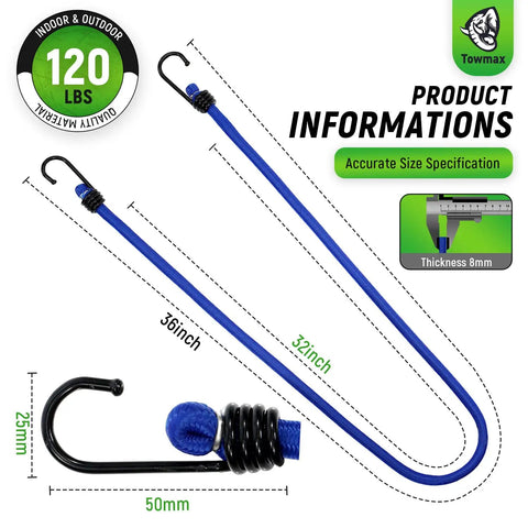 Heavy Duty 36 Inch Bungee Cords With Hooks, 12 Pack, All Weather UV Resistant Outdoor Bungee Cords, size and hook details
