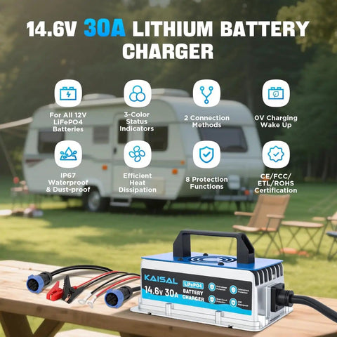 Heavy Duty 12V 30A LiFePO4 Battery Charger with 14.6V Output shown with RV backdrop.
