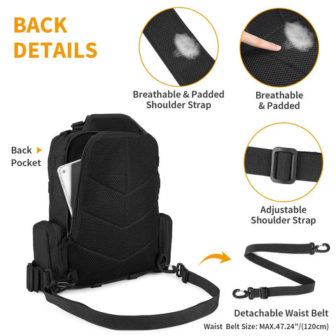Rugged Tactical Molle Sling Bag With Single Strap For Men EDC Daypack showing back pocket, padded strap, and detachable waist belt.