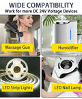 Image showing 24V 1A Power Adapter Charger For LED Strips, Fish Tanks, Massage Guns and more with compatible devices like massage gun, humidifier, LED strip lights, and LED nail lamp displayed.