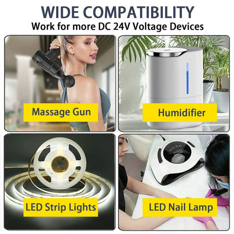 Image showing 24V 1A Power Adapter Charger For LED Strips, Fish Tanks, Massage Guns and more with compatible devices like massage gun, humidifier, LED strip lights, and LED nail lamp displayed.