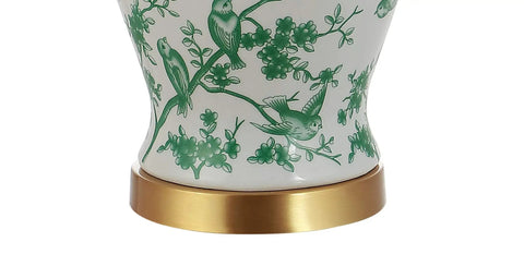 22 Inch White And Green Ceramic Table Lamp With White Linen Shade, French Country Chinoiserie Ginger Jar Bedside Lamp For Living Room And Bedroom, LED Bulbs Included, ETL Listed base detail with green bird design