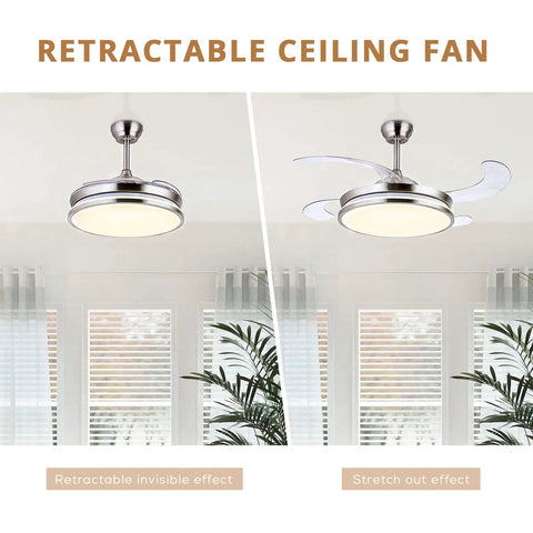 42 Inch Retractable Bladeless LED Ceiling Fan With Remote Control showing retractable blades, brushed nickel finish, smart lighting.