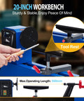 GarveeTech wood lathe on a blue benchtop; front view with turning tool, chuck, and adjustable tool rest.
