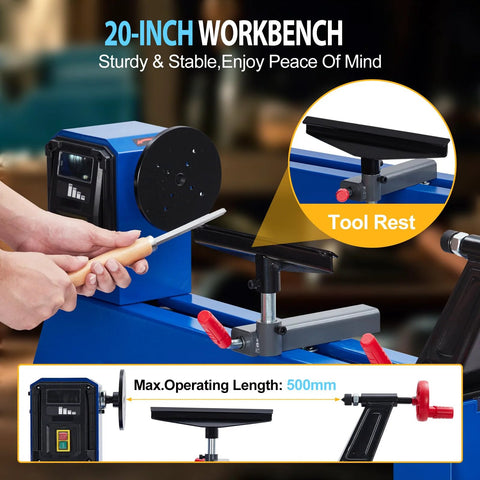 GarveeTech wood lathe on a blue benchtop; front view with turning tool, chuck, and adjustable tool rest.