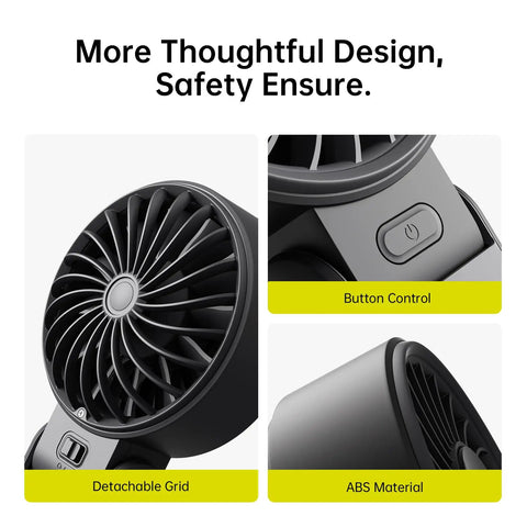 3 In 1 Handheld Fan With 5000mAh Battery, 12 Blade Brushless Motor Power, close-up of fan with button control and detachable grid in black