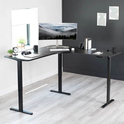 VIVO Electric L Shaped Standing Desk Frame With Height Adjustment For Corner Corner Corner Setup Dual Motors Sturdy Ergonomic Sit Stand Workstation Black Base with monitor and accessories.