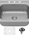 25 Inch Top Mount 18 Gauge T304 Stainless Steel Single Bowl Kitchen Sink Kit With Chrome Nickel Makeup Guards And European Soft Satin Brushed Finish Built For Everyday Tough Use, sink top view with strainer and grid.