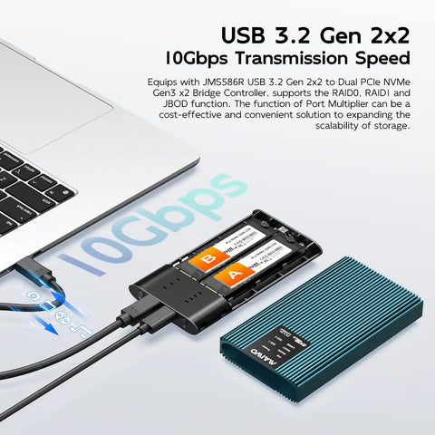 Killer Dual Bay Nvme Raid Enclosure For M2 Pcie Ssd connected to a laptop, showcasing USB 3.2 Gen 2x2 interface and M.2 SSD slots.