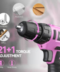 Close-up of pink 12V cordless drill kit with 21+1 torque adjustment, 3/8 inch keyless chuck, for plastics, wood, screws, and drilling.