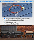 Close-up of thermocouple probe kit KIT0422 with orange wire and mounting hardware; three Traeger pellet grills shown in background.