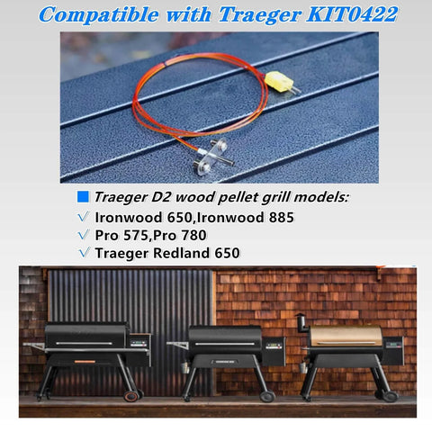 Close-up of thermocouple probe kit KIT0422 with orange wire and mounting hardware; three Traeger pellet grills shown in background.