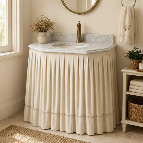Peel And Stick Under Sink Skirt Cover In Crisp White Pleated Cotton conceals pipes under a marble sink with elegant pleats.