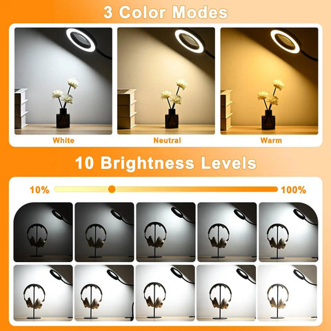 Lighting modes and brightness levels of 10X Magnifying Glass With Light And Timer 2 In 1 Desk Lamp Magnifier For Crafting
