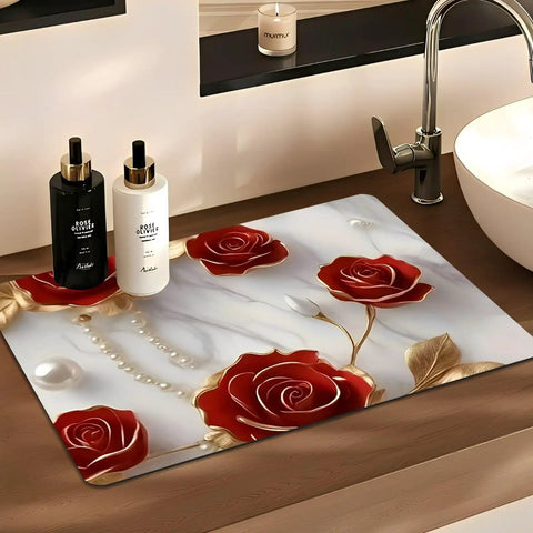 Absorbent Coffee Machine Mat for Countertop with Non Slip Surface, 11.8x17.7 Inches, featuring a floral design near a faucet