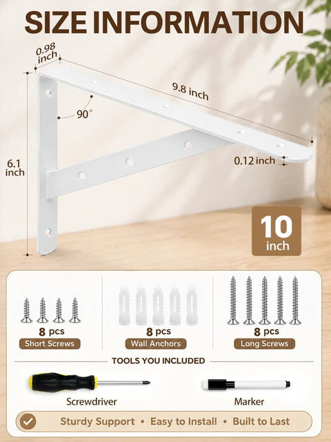 Heavy Duty Shelf Brackets 10 Inch White Metal Triangle Wall Mount Supports Rock Solid 300 Pound Holding Strength Per Pair Pretty Darn Fast Setup Built Tough Four Pack For Real Home Shelving