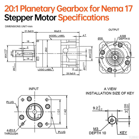 Technical specifications for 20:1 Planetary Gearbox For Nema 17 Stepper Motor, showing dimensions and components layout.