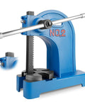 Heavy Duty 2 Ton Manual Arbor Press with blue cast iron frame and steel handle for bending and forming.