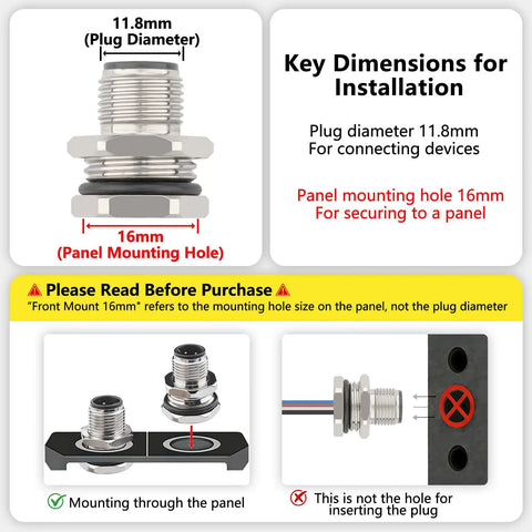Diagram showing dimensions and installation info for M12 4 Pin A Coded Male Aviation Connector Cable 0.7 Ft Waterproof Industrial Bulkhead Panel